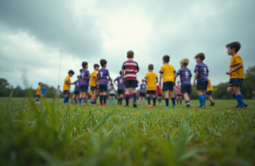 Kids rugby match on green field. Young players in uniform ready to play together. Children learn teamwork, sport activities. Junior league competition. Boys play in sports game. Team spirit concept.