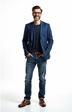 Full body shot mature man in casual business clothes stands smiling. Attractive confident businessman poses in studio on white. Happy bearded middle aged entrepreneur looks friendly at camera.