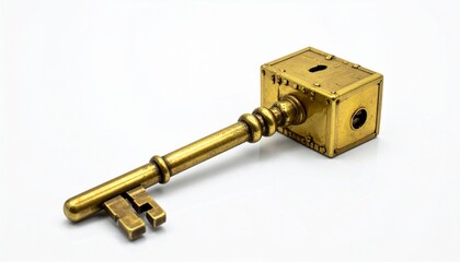 Intricately designed gold key with mechanical box-shaped bow, rivets, and complex bit on white background for editorial fantasy photography steampunk decor and poetic mystery-themed visuals