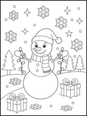 Cheerful Snowman Holding Christmas Lights with Presents and Snowflakes. Fun Winter Holiday Coloring Page for Kids