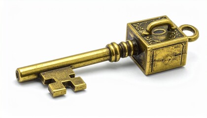 Intricately designed gold key with mechanical box-shaped bow, rivets, and complex bit on white background for editorial fantasy photography steampunk decor and poetic mystery-themed visuals