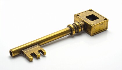 Intricately designed gold key with mechanical box-shaped bow, rivets, and complex bit on white background for editorial fantasy photography steampunk decor and poetic mystery-themed visuals