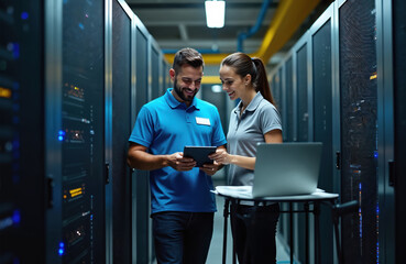 Man, woman specialists work in server room. Technicians with tablet, laptop check server racks. Engineer team collaborates on system maintenance, network security in data center discussing