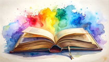 Open book with multicolored watercolor burst emanating from pages and ribbon bookmark on light background for editorial creativity photography educational decor and poetic imagination-themed visuals