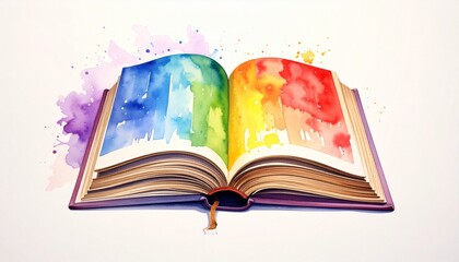 Open book with multicolored watercolor burst emanating from pages and ribbon bookmark on light background for editorial creativity photography educational decor and poetic imagination-themed visuals