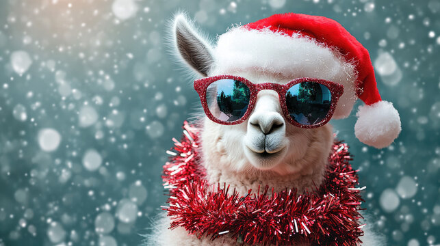 Dramatic llama in Santa hat with sparkly sunglasses, disco ball and tinsel scarf, striking sassy pose, holiday party meme