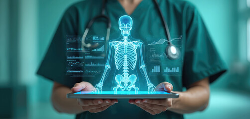 Doctor holds tablet showing digital human skeleton. Health data is on display. Futuristic health tech, AI and medical analysis. Healthcare pro uses advanced technology for diagnosis.