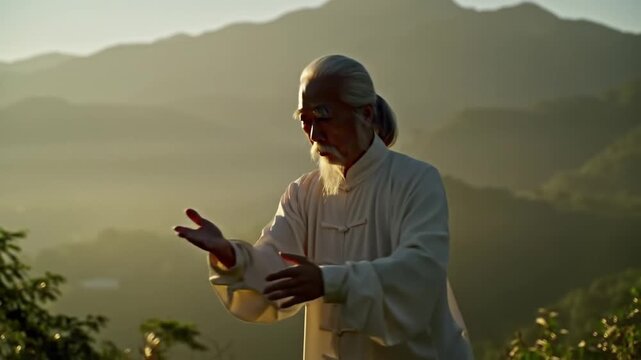 Elderly man practicing Tai Chi or Qigong in a serene mountain landscape at sunrise or sunset, embodying peace and ancient wisdom.