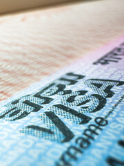 Obraz premium Visa in passport for world travel, India visa, tour, airport, customs, news, closed borders, nationality. Macro photo. High quality photo