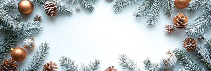 Christmas frame featuring frosted fir branches, red gold ornaments, pine cones, snowflakes decorating white background with empty space for festive greeting card design. Top view, flat lay
