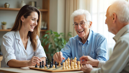 Happy senior men play chess with young female caregiver in nursing home. Elderly friends laugh enjoying board game with social worker. Retired people fun, spending leisure time together at table,