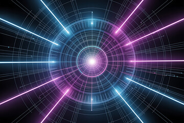 Abstract radial digital interface with neon light beams and circular gridlines, representing data flow, sci-fi energy, or AI systems. Glowing digital energy burst with neon beams

