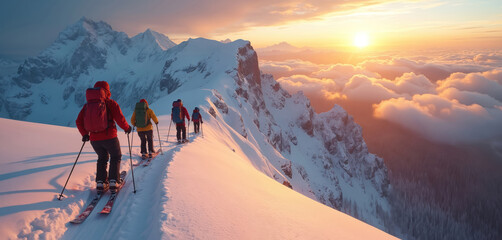 Team of people ski touring on high snowy mountain ridge. They ascend peak at sunrise or sunset. Golden light illuminates extreme winter landscape, cloud sea below during this cold weather adventure.