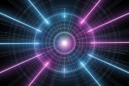 Abstract radial digital interface with neon light beams and circular gridlines, representing data flow, sci-fi energy, or AI systems. Glowing digital energy burst with neon beams

 - Powered by Adobe