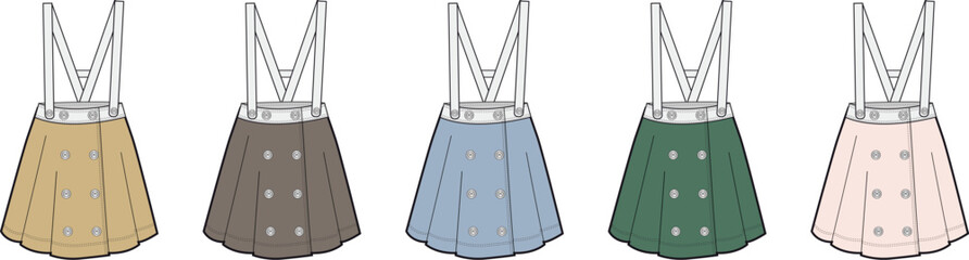 Flat sketch illustrations of five women's overall skirts in various colors, featuring button details and suspenders, suitable for fashion design and apparel concept development