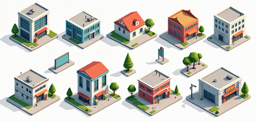 Isometric city building, street elements set. Various 3D houses, shops, offices, trees, lamppost, billboard. Modern architecture components for town planning, map design, game development, urban