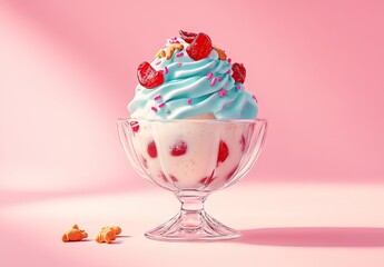 A bright, high-key studio shot of a visually striking ice cream sundae served in a classic glass dessert bowl