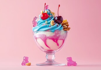 A colorful ice cream sundae with pink and blue swirls, topped with gummy bears, cherries, and sprinkles