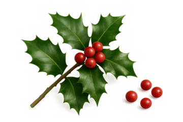Holly sprig with bright red berries, traditional christmas decoration, plant element on transparent background