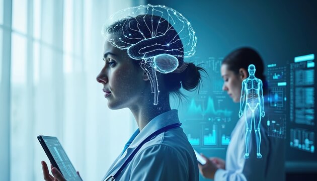 Woman doctor analyzes brain scan on tablet with holographic AI interface. Medical professional researches human anatomy with futuristic tech. Concept of remote medicine digital health, neuroscience - Powered by Adobe