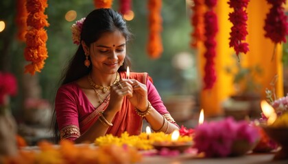 Smiling Indian woman in traditional clothing prepares for Diwali festival. She lights candle, surrounded by marigold flower garlands. Festive home decor with diyas.