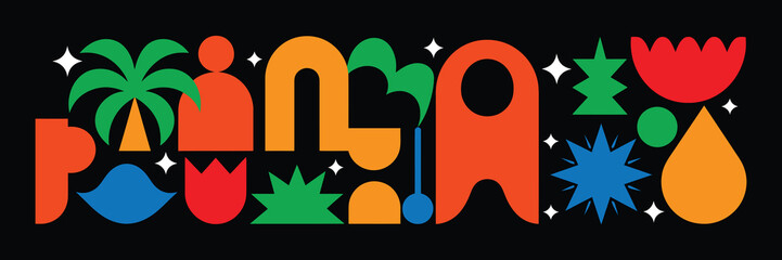 Abstract colorful geometric shapes and symbols on a black background, representing a playful and modern design