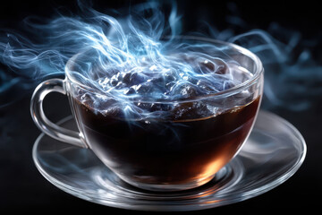 Hot coffee in clear cup emits steam against dark background creating a mystical atmosphere