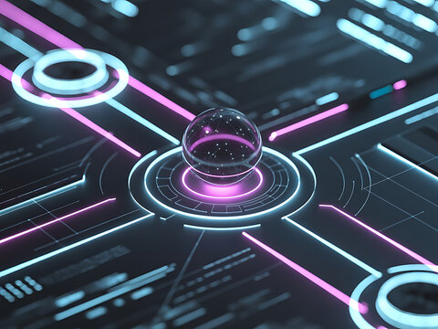 Abstract 3D rendering of a high-tech digital circuit board with neon lights and a central glass sphere, symbolizing AI systems. Futuristic digital interface with glowing neon grid

