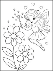 Magical Fairy Sprinkling Sparkles Over Blooming Flowers. Cute and Whimsical Coloring Page for Kids to Inspire Creativity and Imagination