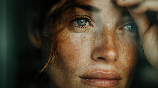 Close-up portrait of young woman with freckles and blue eyes in soft natural light, showing contemplative expression with hand near face. - Powered by Adobe