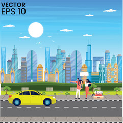 City life vector: people walking, road traffic, high-rise buildings under sunny sky © Hamza