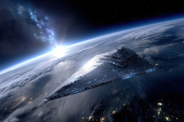 Fototapeta premium Spaceship hovers over Earth surrounded by clouds during a beautiful sunrise