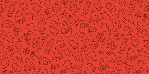 Beautiful Christmas Navidad pattern with icons of Santa, gifts, reindeer, trees and baubles. Christmas wrapping paper concept, seamless pattern background.
