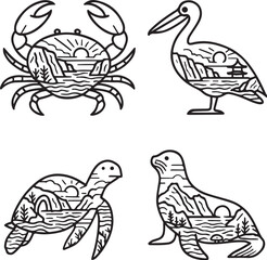 Sea-Edge Animals Vector Set ? Crab, Pelican, Turtle, Seal.eps