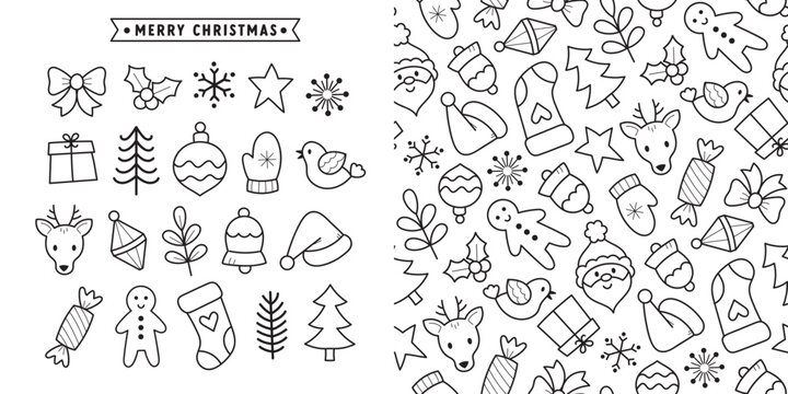 Cute Christmas Navidad icon set of reindeer, Santa, holly, gifts, gingerbread, line drawn designs for wrapping paper, invitations, cards, posters.