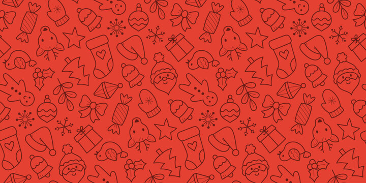 Beautiful Christmas Navidad pattern with icons of Santa, gifts, reindeer, trees and baubles. Christmas wrapping paper concept, seamless pattern background.