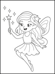 Cheerful Flying Fairy Coloring Page with Magic Wand. Simple Line Art Illustration for Kids