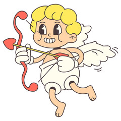 Vintage Style Cartoon Cupid Character With Blonde Curly Hair Holding A Red Bow And Arrow Ready To Shoot A Heart Shaped Arrow On A Transparent Background