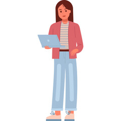 Woman In Casual Outfit Holding Laptop Computer With Transparent Background