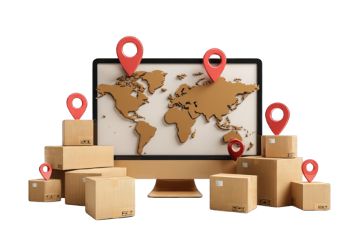 Global shipping concept with stacked cardboard boxes, world map on computer screen, and location markers