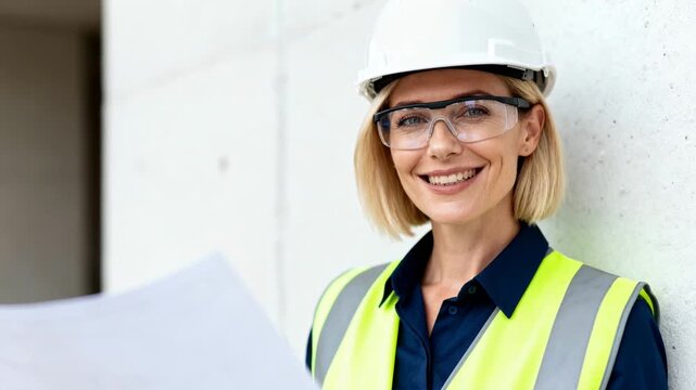 Smiling female architect in a hard hat holding blueprints on a construction site. A professional woman engineer portrait. Women in leadership concept - Powered by Adobe