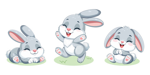 A set of cute and happy little rabbits, sweetly smiling on a white background. Perfect for Easter Bunny themes or children designs. Vector illustration in flat cartoon style.