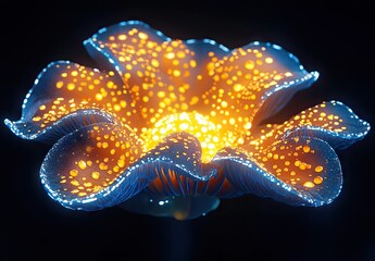 A digitally rendered glowing flower with vibrant blue petals is adorned with bright orange and yellow spots, giving it a bioluminescent, starry appearance