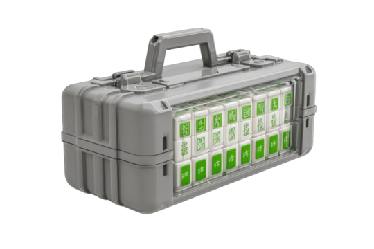 Gray case with transparent panel of green, square blocks