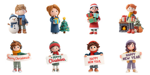 Fototapeta premium Cute cartoon Christmas character png collection in 3d transparent for Xmas theme presentation.