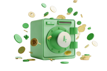 3D rendered mint green safe with gold coins exploding outward