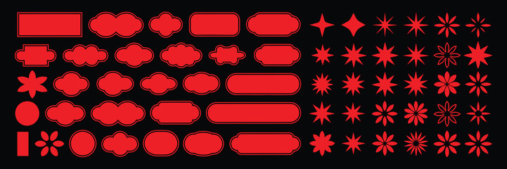 Collection of red abstract shapes and starbursts on a black background, graphic design elements