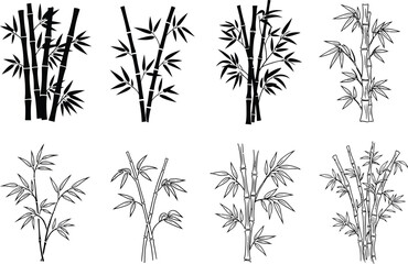 Obraz premium Collection of eight stylized black and white bamboo plant illustrations with detailed leaves and stalks