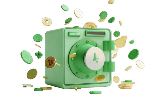 3D rendered mint green safe with gold coins exploding outward