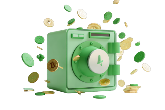 3D rendered mint green safe with gold coins exploding outward